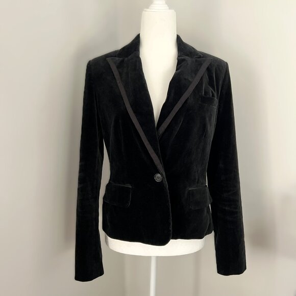 CLUB MONACO Sz 4 Black Velvet Tuxedo Trim Riding Blazer Collared Formal Classic - Picture 1 of 10
